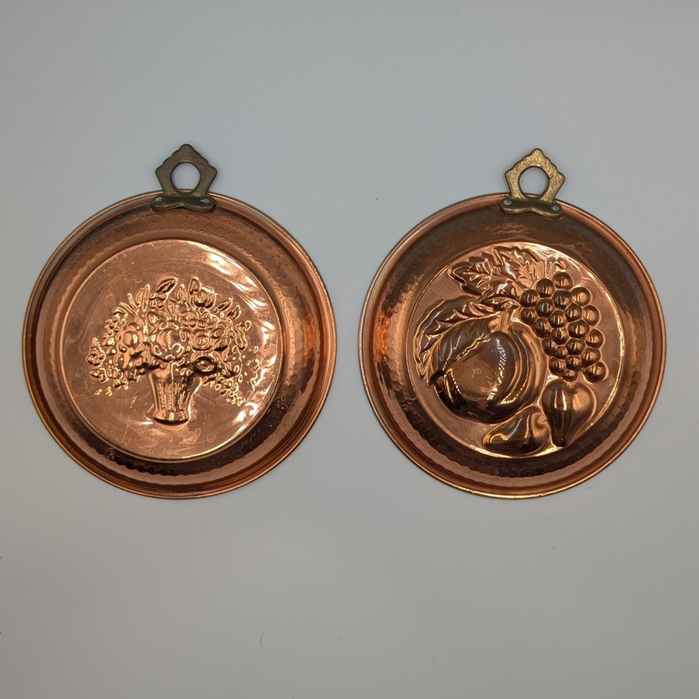 Vintage Copper Wall Hanging Molds Fruit and Floral Embossed Set of 2 7"